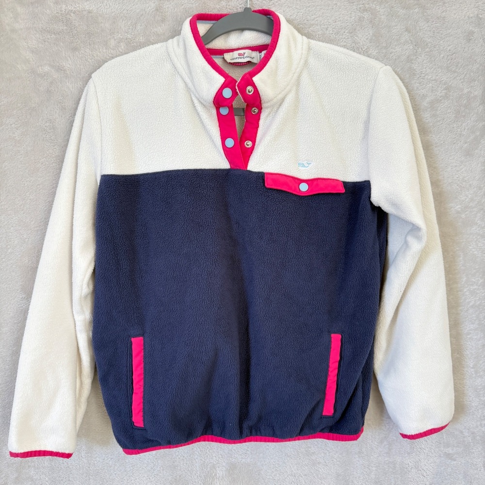 Vineyard Vines Kids Large 14 Fleece Pullover Navy White Pink Colorblock Snap T
